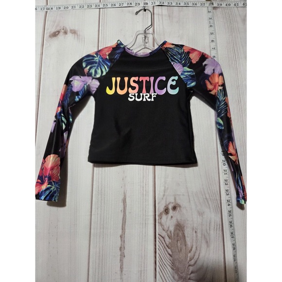 Justice Surf Shirt Girls Small 7/8 Black Floral Rash Guard Swim Top Long Sleeve - Picture 1 of 6